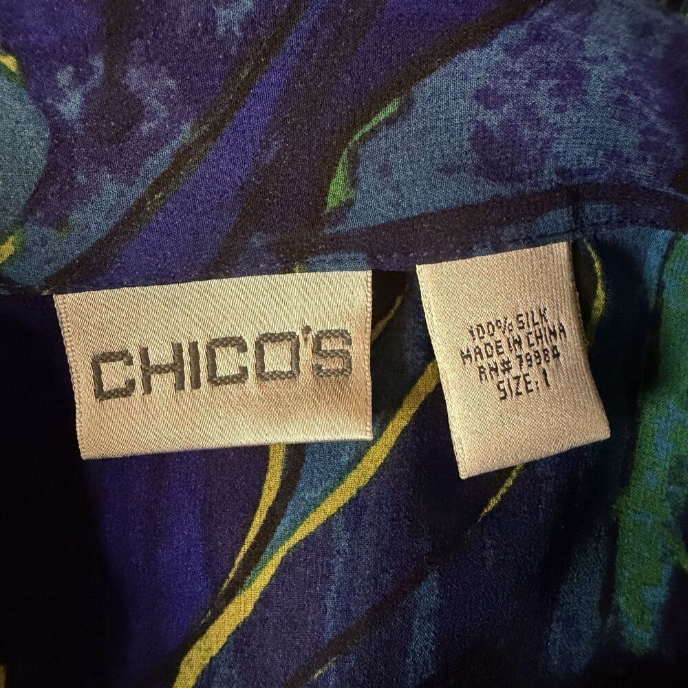 Chicos Silk Blouse Top Shirt Sheer Button Front Geometric Blue 1 US M 8 - Picture 6 of 7